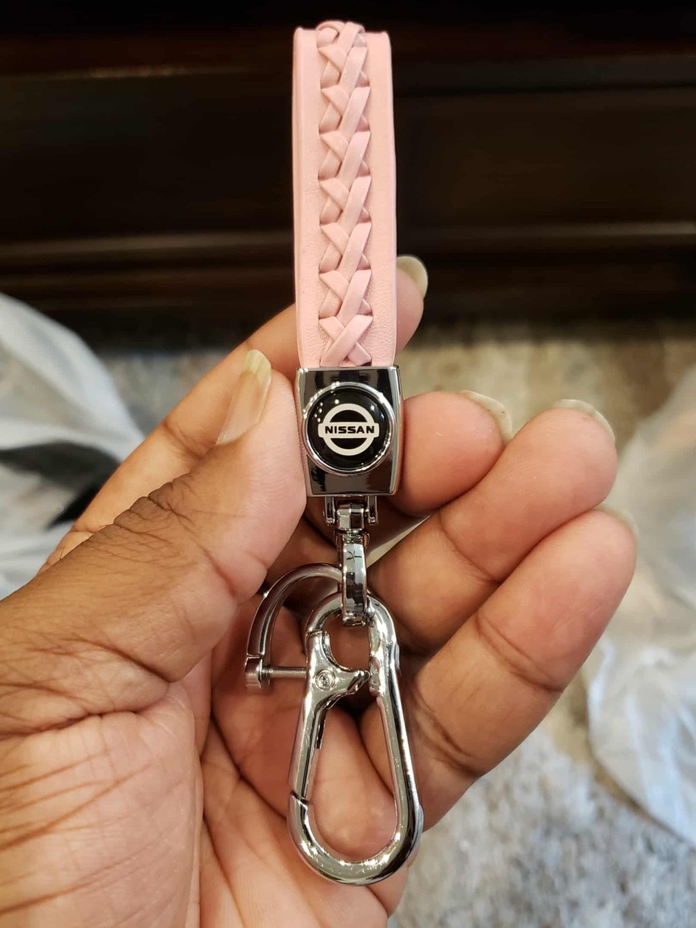 NISSAN Light Pink Braided Leather Chrome Keychain